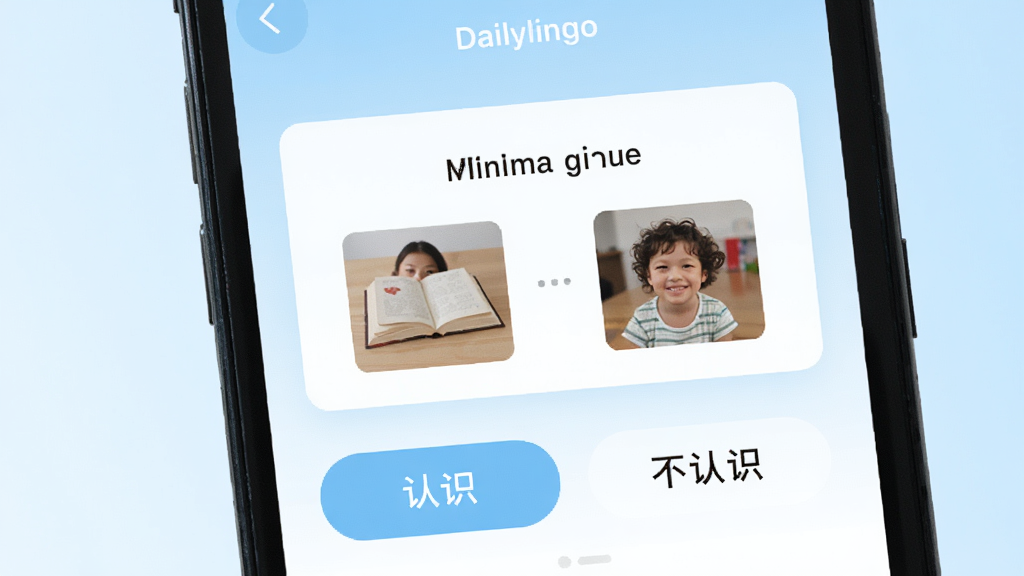 Dailylingoѧϰ������д���ֻ���Ļ��ʾһ��Ӣ�ﵥ�ʺͶ�Ӧ��ͼƬ������俨Ƭ���·��С���ʶ���͡�����ʶ��������ť�������ǵ���ɫ���䣬���沼�����׳��㣬���С���£��������������κι����Ԫ��