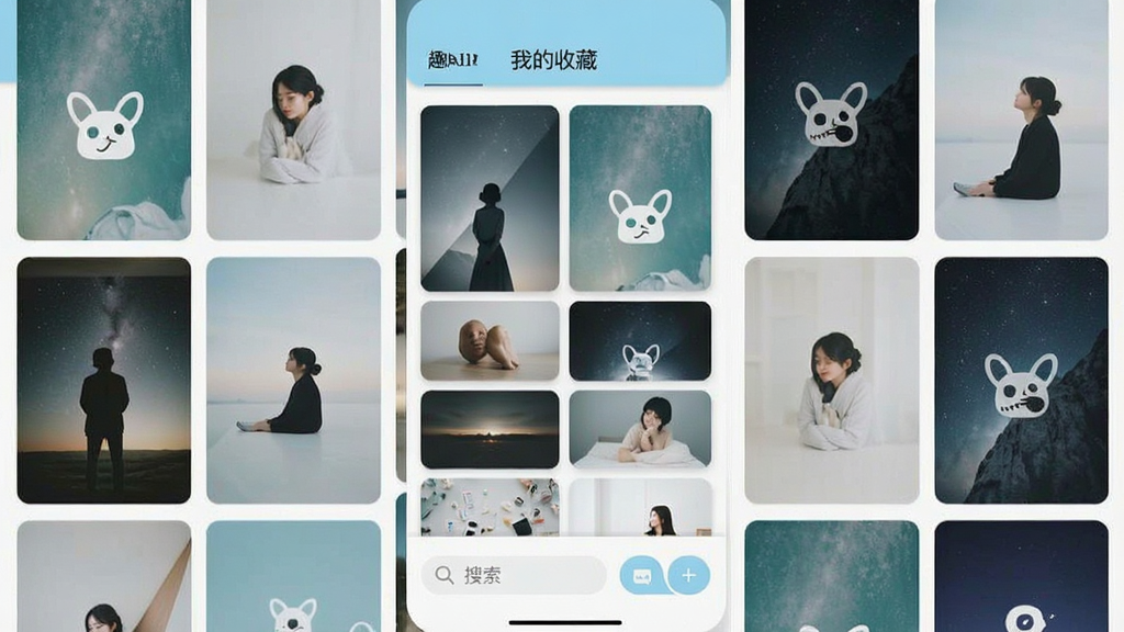 一张手机界面截图,展示趣图壁纸App的收藏页面,页面中排列着多张已收藏的壁纸缩略图,顶部显示“我的收藏”字样,底部有搜索框和分类筛选按钮,界面设计简洁大方,以白色和浅蓝色为主色调,画质干净无多余元素。