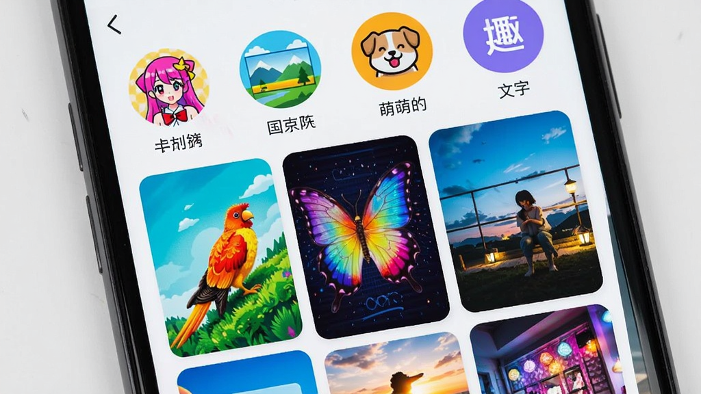 一部智能手机屏幕特写,屏幕中显示趣图壁纸App的壁纸分类页面,页面顶部有动漫、风景、萌宠、文字等圆形分类图标,下方瀑布流展示多张高清壁纸预览图,图片色彩鲜艳、画质清晰,界面风格年轻活泼,布局整齐有序,画质干净无多余元素。