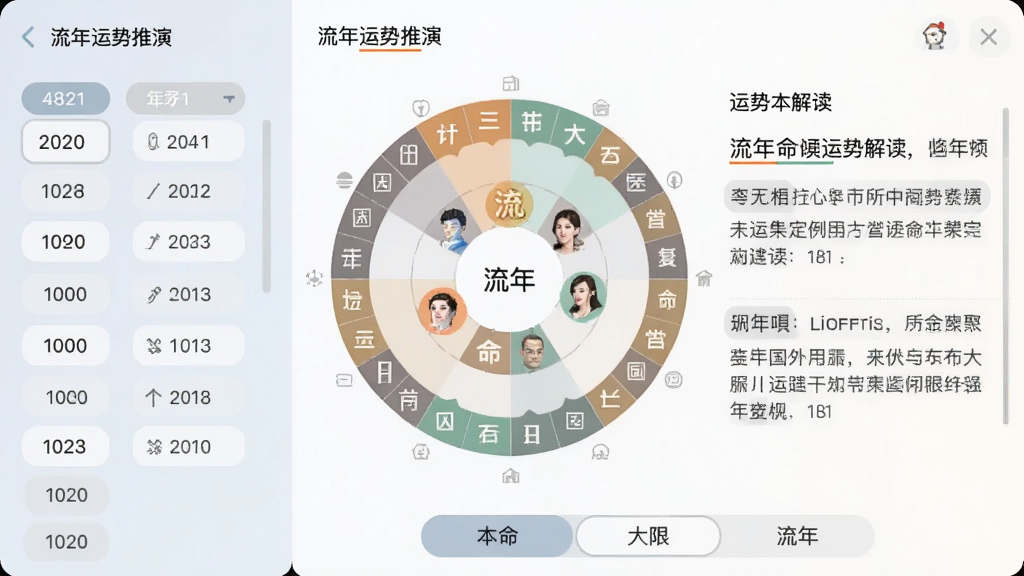 一张流年运势推演界面的截图,画面左侧显示年份选择器,右侧是流年命盘和运势解读文字,重点宫位用高亮标注,底部有本命、大限、流年三个切换标签,整体布局清晰,配色柔和,风格简洁现代,画质干净无多余元素