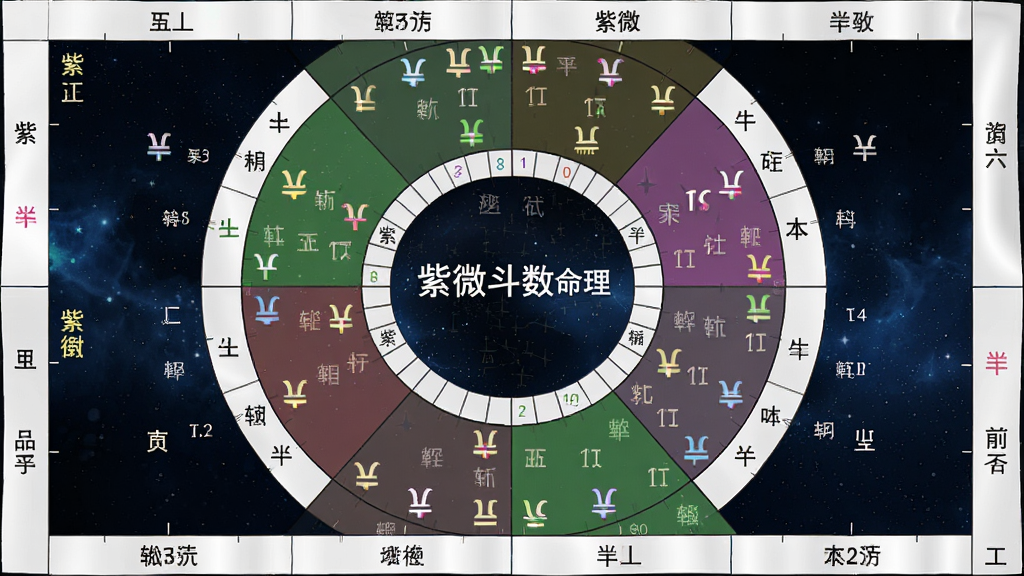 一张紫微斗数命盘的详细展示图,画面中是一个完整的十二宫格命盘,每个格子里标注着宫位名称和对应的主星辅星,星曜用不同颜色区分,命盘中央显示着紫微斗数命理字样,背景是深色星空纹理,风格专业且清晰,画质干净无多余元素
