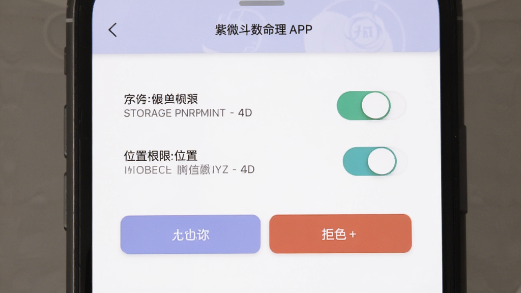 一张手机屏幕截图,展示紫微斗数命理APP的安装权限设置页面,画面中显示存储权限和位置权限的开关按钮,下方有允许和拒绝两个选项,界面简洁明了,配色以白色和浅紫色为主,风格现代扁平,画质干净无多余元素