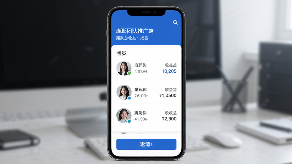 摩耶推广端团队管理界面展示,手机屏幕显示团队成员列表和各自的数据统计,每个成员有头像、昵称和收益数字,顶部有团队总收益和成员数量,下方有邀请按钮,界面配色以蓝色和白色为主,风格商务简洁,画质干净清晰,无多余元素