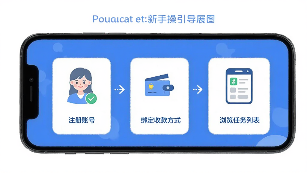摩耶推广端新手操作引导页面展示,手机屏幕显示分步教程图文,第一步是注册账号,第二步是绑定收款方式,第三步是浏览任务列表,每步配有简洁的图标和说明文字,界面以蓝色为主色调,风格友好亲切,画质清晰干净,无多余装饰