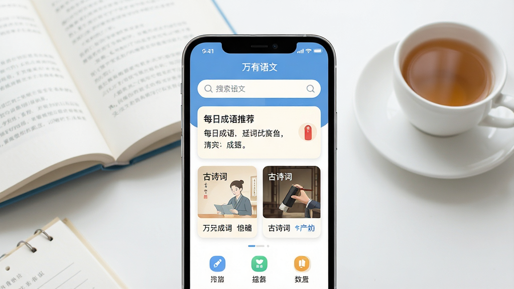 一张展示万有语文App核心功能的手机界面截图风格图片,画面中央是一部现代智能手机,屏幕显示万有语文的首页,包含搜索框、每日成语推荐、古诗词卡片和功能图标,背景是干净的书桌,上面放着一本翻开的书和一杯茶,整体风格清新简约,画质清晰明亮,文字标签明确,无多余元素,主体突出,布局居中,排版整洁,风格现代扁平,细节圆润,干净无杂乱。