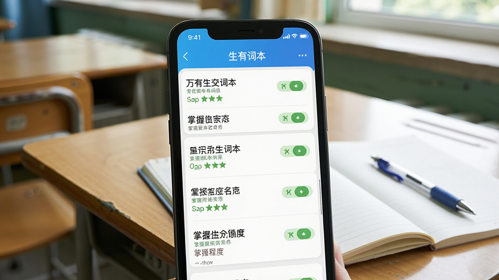 一张展示万有语文App生词本功能的手机界面截图风格图片,手机屏幕显示生词本列表,每个词条旁边有掌握程度标记,背景是教室课桌,桌上有笔记本和笔,整体风格真实自然,画质清晰,界面布局一目了然,文字标签明确,无多余装饰。