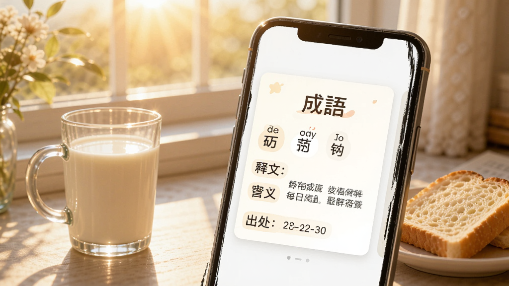 一张展示万有语文App每日推送卡片的手机界面截图风格图片,手机屏幕上显示一个精美的成语卡片,上面有成语、拼音、释义和出处,背景是清晨的窗台,阳光洒进来,旁边有一杯牛奶和面包,整体氛围温馨,画质明亮,文字清晰,无多余元素。