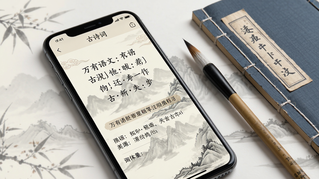 一张展示万有语文App古诗词学习界面的手机截图风格图片,手机屏幕上显示一首古诗的正文、注释和翻译,页面设计古风雅致,背景有水墨山水元素,手机旁边摆放着一支毛笔和一本线装书,整体画面安静文艺,画质干净清晰,文字排版整齐,无杂乱元素。