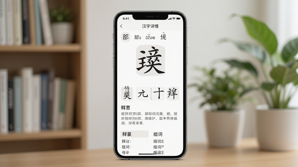一张展示万有语文App中汉字详情页的手机界面截图风格图片,画面主体是一部手机,屏幕上显示一个汉字的详细解释页面,包括拼音、部首、笔画动画演示、释义和组词列表,背景是柔和的书房环境,有书架和绿植,整体风格清爽,画质细腻,文字清晰可辨,布局整齐,无多余元素。