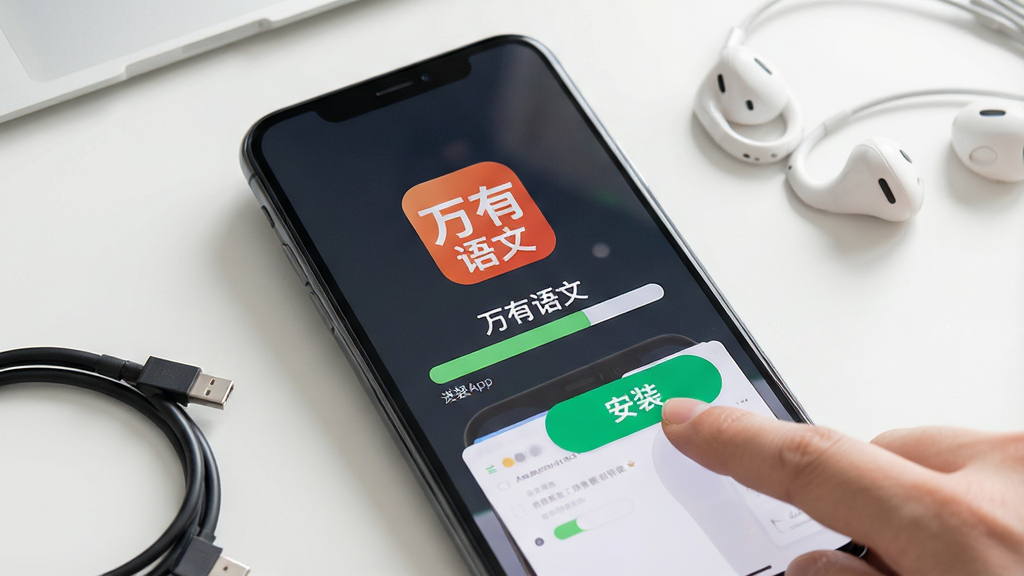 一张展示在手机上安装万有语文App过程的示意图,画面中一部手机正显示安装进度条,旁边有手指点击“安装”按钮的动作,背景是简洁的桌面,有数据线和耳机,整体风格写实,画质清晰,文字“万有语文”清晰可见,布局直观,无多余元素。