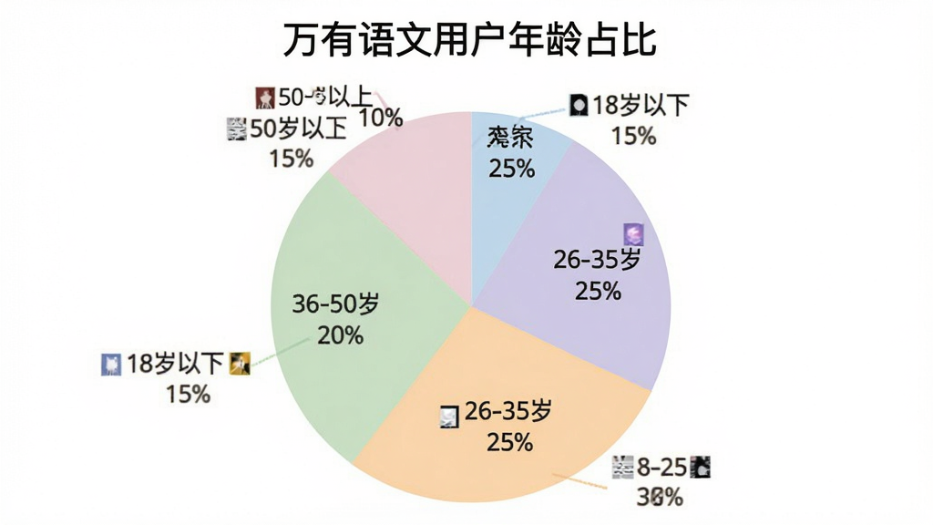 一张饼状图展示万有语文用户年龄分布,图表标题为“万有语文用户年龄占比”,饼图分为五个部分,分别标注“18岁以下 15%”“18-25岁 30%”“26-35岁 25%”“36-50岁 20%”“50岁以上 10%”,配色柔和,图表清晰,背景干净,无多余装饰元素。