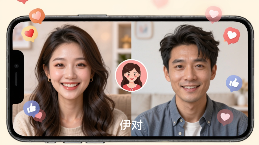 一张展示伊对视频相亲功能的AI生成图,画面中一部手机屏幕里显示着视频连线界面,左边是一位笑容灿烂的女生,右边是一位男生,中间有红娘头像,屏幕下方有“伊对”字样,周围有爱心和点赞图标飘浮,风格温馨明亮,画质清晰干净。