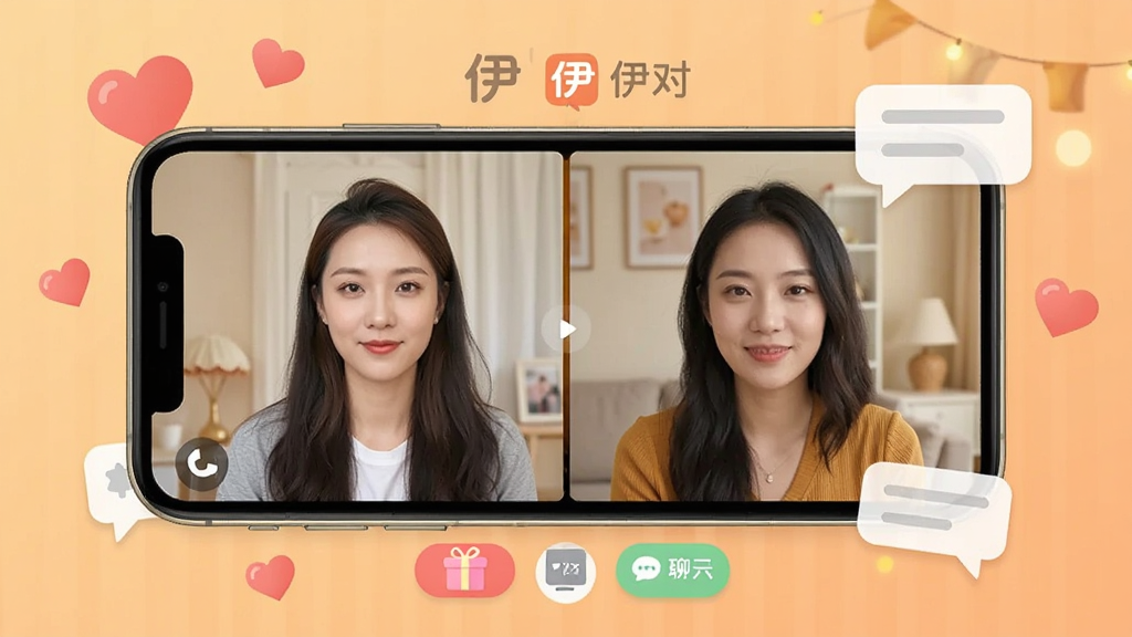 一张展示伊对App核心界面的手机样机图,画面中央是伊对视频相亲的房间界面,左右分屏显示两位嘉宾视频连线,底部有礼物和聊天按钮,背景是暖色调的温馨风格,手机四周环绕着爱心和对话气泡,整体布局清晰,风格现代扁平,画质干净无多余元素,图片中带有“伊对”文字标识。