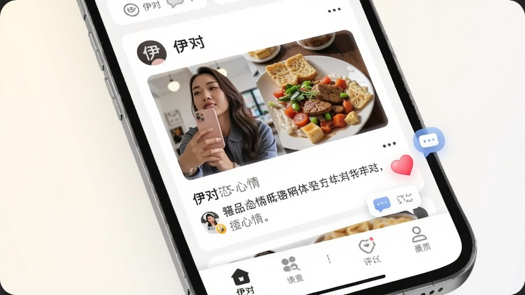一张伊对动态社区界面的AI生成图,画面中手机屏幕上显示着用户发布的动态卡片,有自拍照片、美食图片和文字心情,旁边有爱心和评论气泡图标,底部导航栏清晰可见,背景是浅色系,风格清爽干净,图片中带有“伊对”文字。
