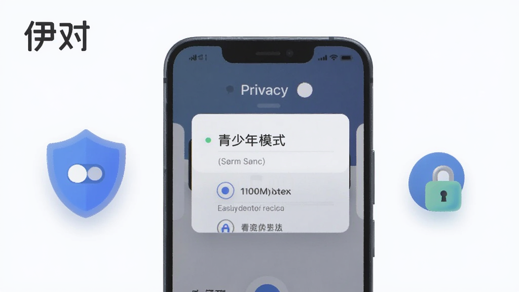 一张展示伊对App安全设置页面的AI生成图,画面中手机屏幕上显示着隐私开关和青少年模式选项,旁边有盾牌和锁的图标,背景简洁,风格扁平化,画质干净,图片中带有“伊对”文字。