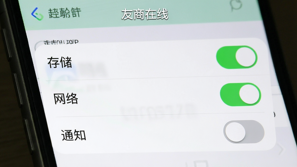 一张手机屏幕截图,显示“友商在线”APP的权限管理界面,界面中有存储、网络、通知三个权限开关,其中存储和网络开关是绿色的开启状态,通知开关是灰色的关闭状态,背景是手机设置菜单的模糊效果,风格简洁明了,画质清晰干净无多余元素