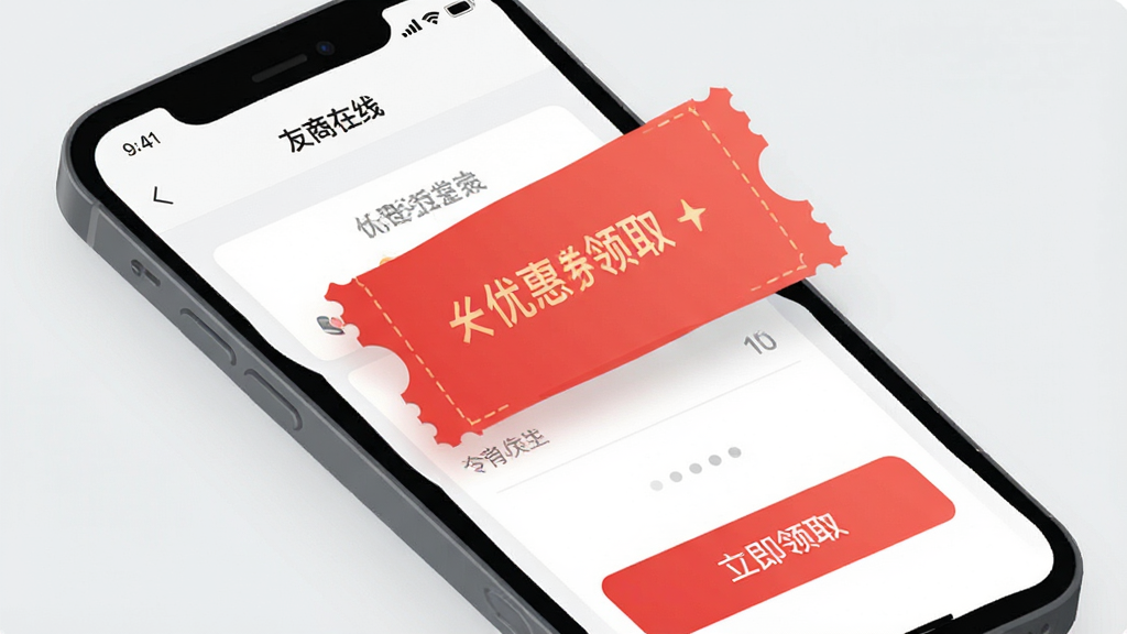 一张手机界面截图,显示“友商在线”APP的优惠券领取页面,画面中有一张红色的优惠券从手机屏幕中飘出,旁边有“立即领取”的按钮,背景是干净的浅灰色,风格现代扁平,画质清晰干净无多余元素