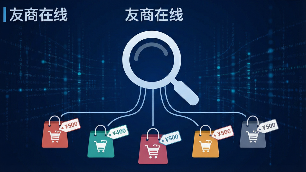 一张科技感的数据可视化图表界面截图,标题为“友商在线”,画面中央是一个巨大的放大镜图标,放大镜下方连接着多个不同颜色的购物袋图标,每个购物袋上都有价格标签,背景是深蓝色的数据流线条,风格简洁商务,画质清晰干净无多余元素