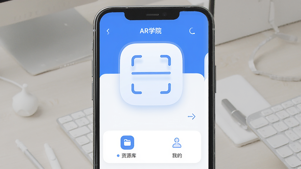 һ��չʾARѧԺApp����������ͼƬ����Ļ������һ������ɨ�谴ť���·�����Դ����ҵ�����ѡ�������������ɫΪ������񼫼��ִ���ϸ��Բ�󣬻��ʸɾ����޶���Ԫ��