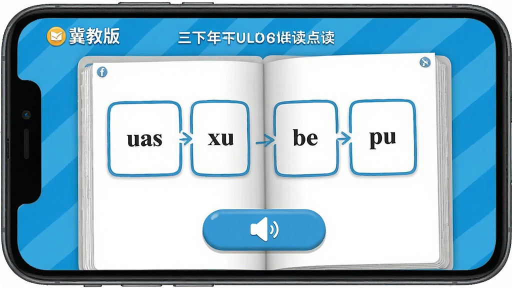 冀教版英语三下 课本点读界面 三年级下册英语 手机屏幕展示 课本翻页效果 单词卡片 朗读按钮 卡通风格 蓝白配色 干净清爽 无多余元素 高清画质