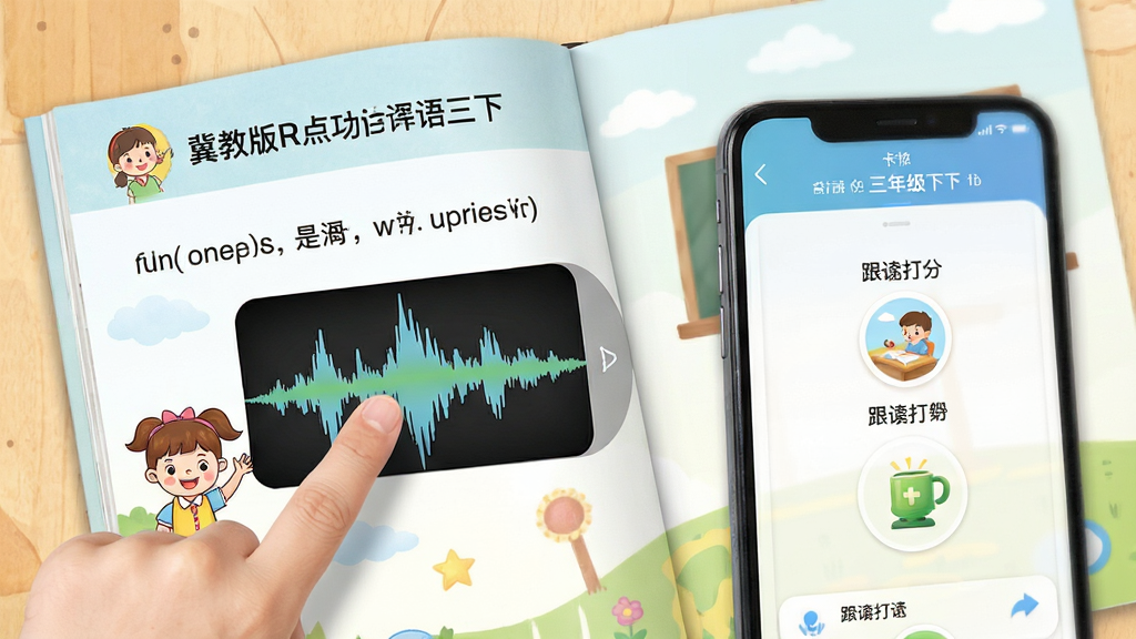 冀教版英语三下 点读功能展示 手指点击课本句子 发音波形图 跟读打分界面 三年级英语下册 卡通插图 手机界面 清爽布局 干净画质