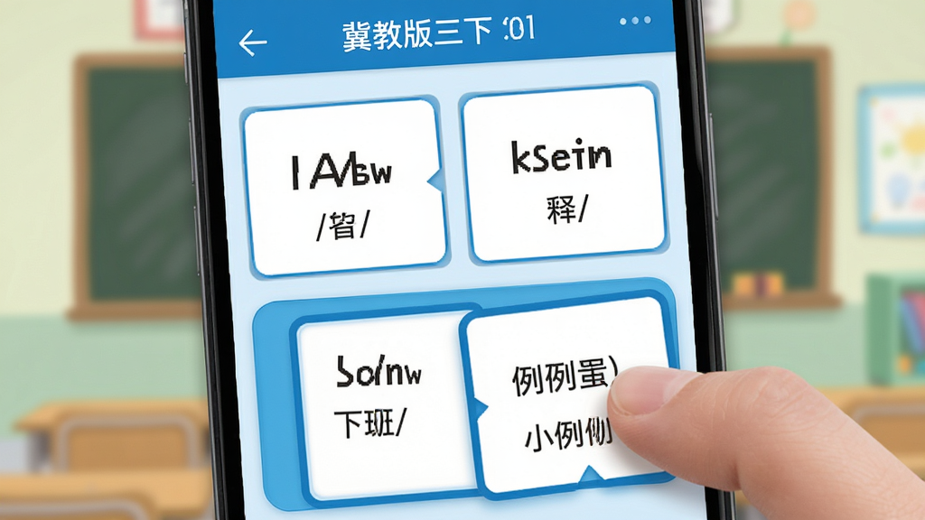 冀教版英语三下 单词卡片界面 英文单词 音标 中文释义 小例句 翻卡效果 三年级下册 手机屏幕 蓝白配色 简洁排版 高清画质