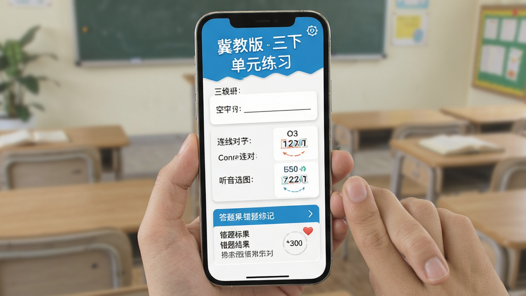 冀教版英语三下 单元练习界面 选词填空 连线配对 听音选图 答题结果 错题标记 三年级英语 手机屏幕 蓝白配色 简洁风格 高清画质