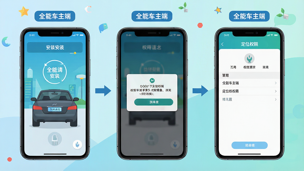һ��չʾȫ�ܳ�����APP��װ��Ȩ�����ò����ʾ��ͼ�������Ϊ�����ֻ���Ļ����չʾ����һ����Ļ��ʾ��װ���棬�ڶ�����Ļ��ʾȨ�����󵯴�����������Ļ��ʾ��λȨ������ҳ�棬ÿ����Ļ�Ϸ����С�ȫ�ܳ����ˡ���С��ǩ��������Ϊ��ƽ���̳�ͼ�⣬ɫ�����죬�������������ʸɾ�