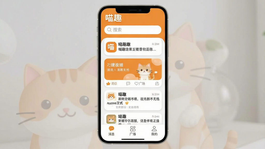 һ���ֻ���Ļչʾ��ȤApp�����棬������ů��ɫ�Ͱ�ɫΪ��ɫ����������ʾ����Ȥ��Logo���������м��Ƕ�̬��Ϣ����Ƭ���ײ�����Ϣ���㳡���ҵ���������ͼ�꣬���岼�ּ������������ִ���ƽ��ϸ��Բ�󣬻��ʸɾ��޶���Ԫ��