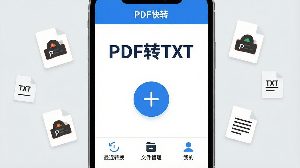 һ��չʾ�ֻ���Ļ��ͼƬ����Ļ�����ǡ�PDF��ת�������������棬������Ƽ�࣬��������ɫΪ���������С�PDFתTXT������Ŀ���⣬�м���һ�����ġ�+���������ļ���ť���·������š����ת���������ļ������������ҵġ�����ͼ�갴ť����Χ��Ư����PDF�ĵ�ͼ���TXT�ı�ͼ�꣬�����Ǹɾ���ǳ��ɫ���������ִ���ƽ�������������޶���Ԫ��