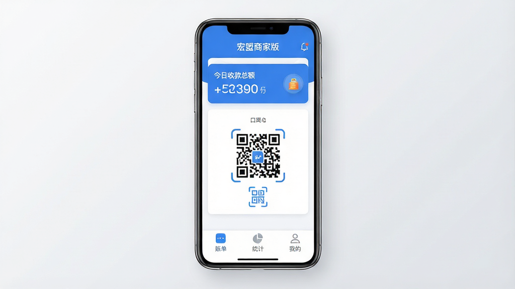 宏盟商家版手机应用界面全貌展示,画面中央是一部现代智能手机,屏幕显示蓝白配色的商家管理后台首页,顶部有“宏盟商家版”字样和今日收款总额统计卡片,中间区域是醒目的收款二维码与扫码图标,底部排列账单、统计、我的三个功能选项卡,背景是干净的浅灰色渐变,风格现代扁平化,图标圆润清晰,画质高清,无多余元素