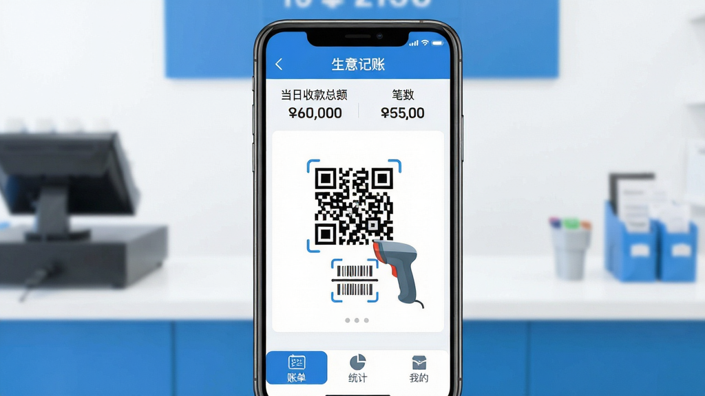 �������APP������չʾ������������һ���ֻ����ֻ���Ļ��ʾ�������������ҳ�������ǵ����տ��ܶ�ͱ������м�����Ŀ���տ��ά���ɨ��ǹͼ�꣬�ײ����˵���ͳ�ơ��ҵ�����ѡ��������Ǹɾ�����ĵ��̹�̨���������ִ���ƽ����ɫ����ɫ�Ͱ�ɫΪ�����������������ʸɾ����޶���Ԫ��