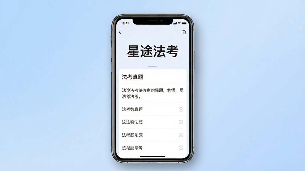 一张手机屏幕展示法考刷题APP界面的图片,主体是手机,布局为竖屏居中,排版上手机屏幕内显示“星途法考”四个大字和法考真题题目选项,风格是简约扁平化设计,细节上手机边缘有轻微阴影,背景为柔和渐变蓝色,画质高清干净无多余元素
