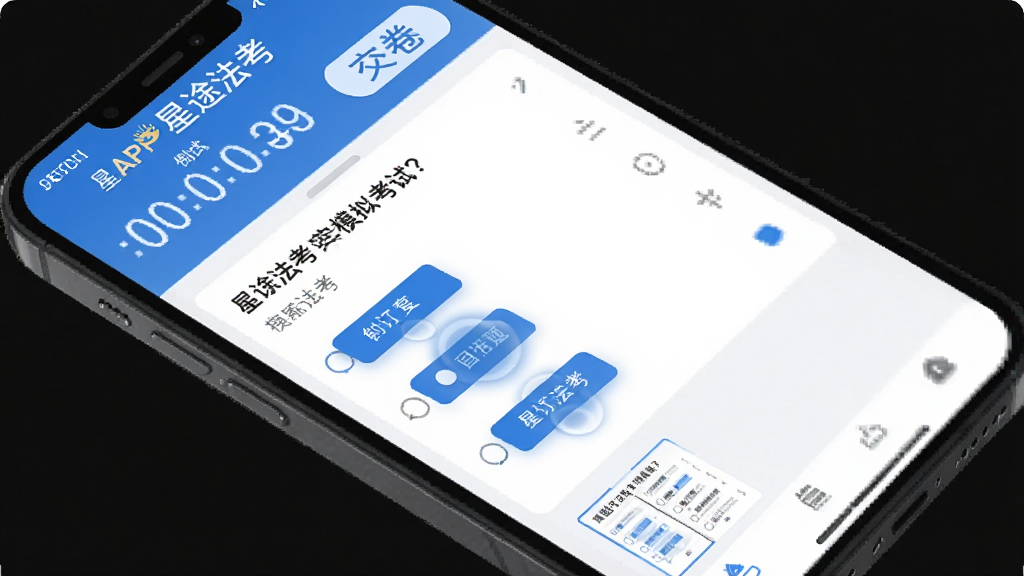 一张“星途法考”APP模拟考试界面的图片,主体是手机屏幕,布局为顶部显示倒计时和交卷按钮,中间是题目和选项,排版上底部有答题卡缩略图,风格是考试系统常用的蓝白配色,细节上选项按钮有轻微按压反馈效果,画质清晰干净无多余元素