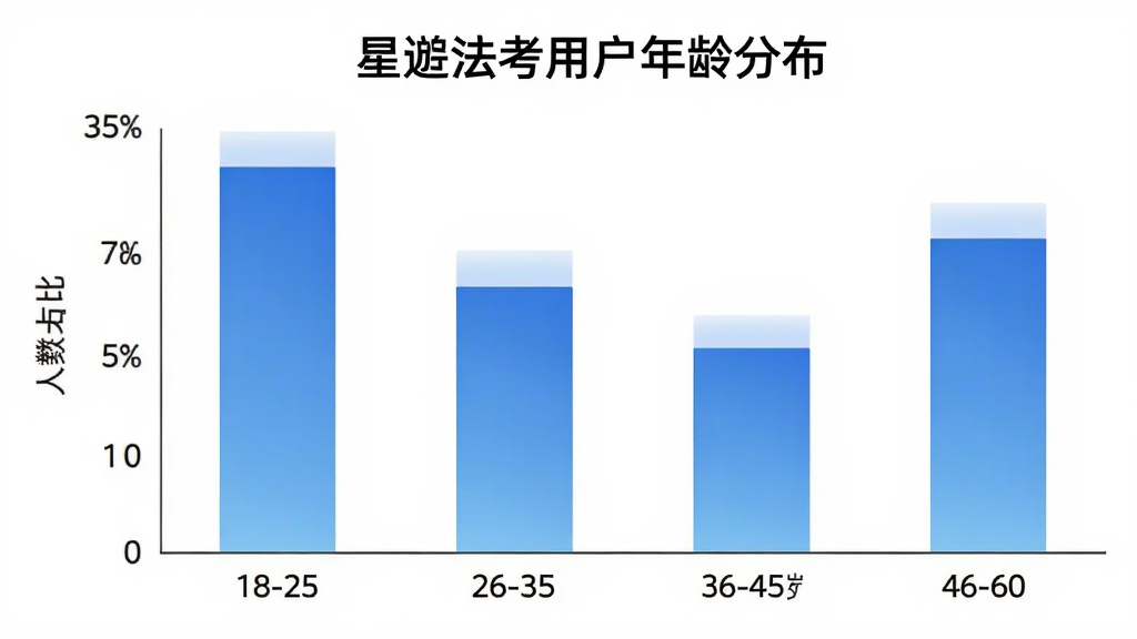 一张柱状图展示星途法考用户年龄分布,主体是图表,布局为横轴年龄区间纵轴人数占比,排版上18-25岁占35%、26-35岁占30%、36-45岁占20%、46-60岁占15%,风格是扁平化数据可视化,细节上柱子颜色为渐变蓝,画质高清干净无多余元素