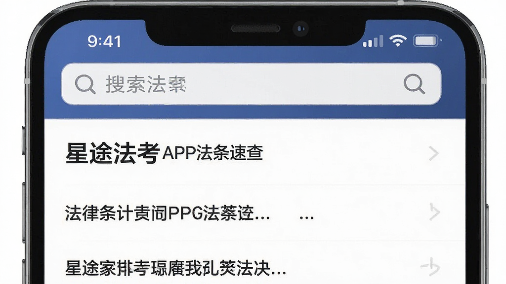 一张“星途法考”APP法条速查界面的图片,主体是手机屏幕,布局为顶部搜索框,下方是法律条文列表,排版上条文标题加粗显示,风格是清爽的阅读类APP设计,细节上搜索框有放大镜图标,画质高清干净无多余元素