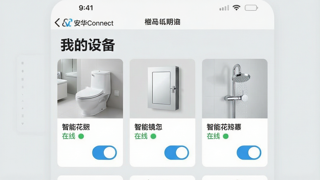 一张手机截图风格的图片,展示“安华Connect”App的设备管理主界面,界面上方显示“我的设备”标题,下方有智能马桶、智能镜柜、智能花洒三个设备卡片,每个卡片上有设备名称、在线状态和快捷开关按钮,背景是浅灰色,风格清爽简洁,细节清晰,画质干净,无多余元素