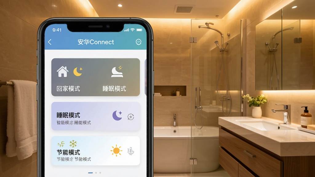 一张智能浴室场景的示意图,画面中有一个手机界面显示“安华Connect”App的场景模式设置页面,页面上有“回家模式”“睡眠模式”“节能模式”三个卡片,背景是温馨的浴室环境,暖色调灯光,风格生活化,细节清晰,画质干净,无多余元素