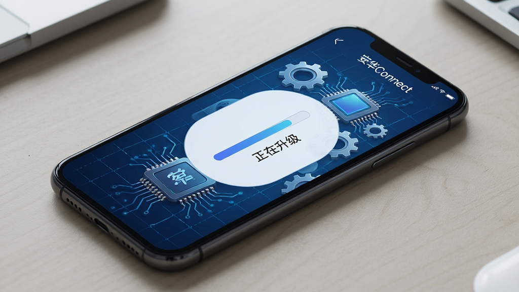 一部手机放在桌面上,屏幕上显示“安华Connect”App的固件升级界面,界面中央有一个进度条和“正在升级”的提示文字,周围有齿轮和芯片的抽象图形,背景是深蓝色科技感网格,风格简约现代,细节清晰,画质干净,无多余元素