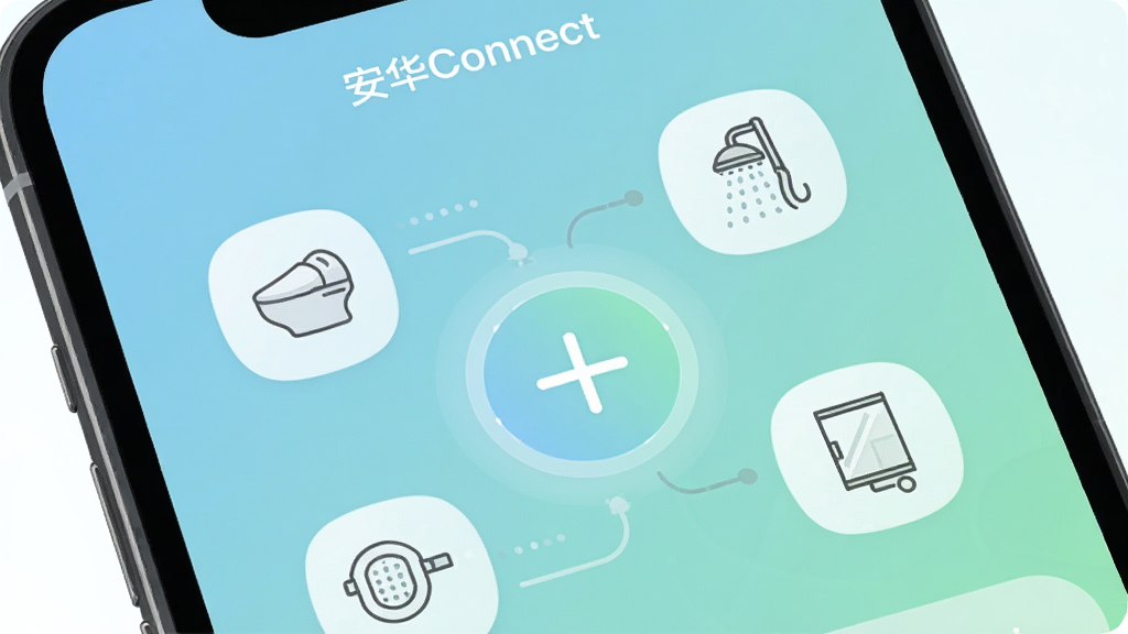 一部手机屏幕特写,屏幕上显示“安华Connect”App的设备添加界面,界面中央有一个发光的加号按钮,周围环绕着智能马桶、智能花洒、智能镜柜的简约图标,背景是柔和的蓝绿色渐变,风格极简科技感,细节圆润,画质干净,无多余元素