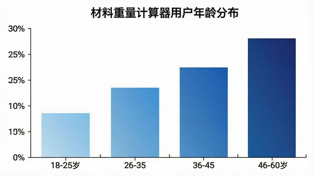 一张材料重量计算器用户年龄分布的柱状图,横轴是年龄段分为18-25岁、26-35岁、36-45岁、46-60岁,纵轴是用户占比百分比,柱状图颜色从浅蓝到深蓝渐变,图表标题写着