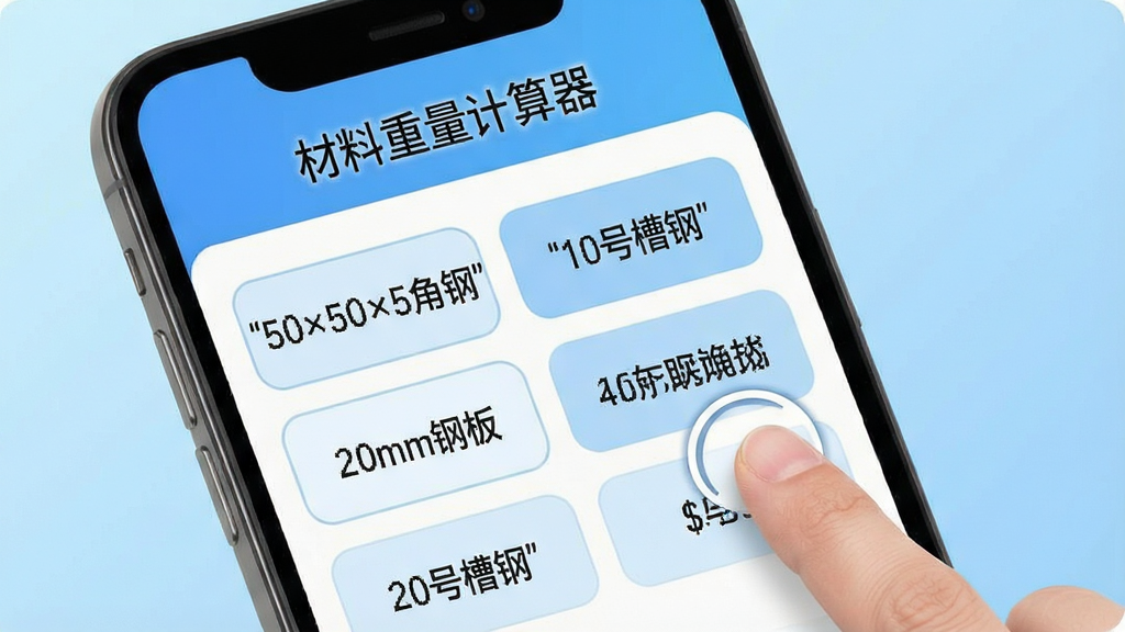 一张材料重量计算器快捷功能展示图,画面中手机屏幕显示