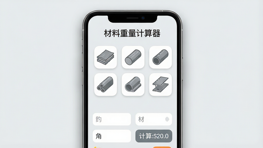 一张手机屏幕展示材料重量计算器的界面,画面中央是软件主界面,顶部有