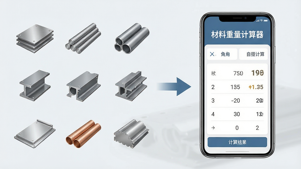 一张材料重量计算器的功能展示图,画面左侧是各种金属材料的实物小图标,包括钢板、圆钢、钢管、角钢、铝板、铜管等,右侧是手机屏幕显示材料重量计算器的计算结果界面,屏幕上有