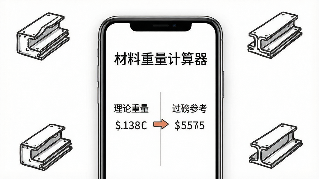 一张展示材料重量计算器对比功能的图片,画面中央是手机屏幕,屏幕上显示