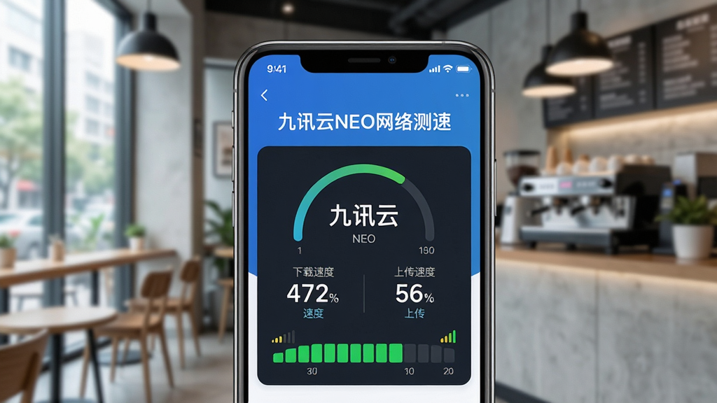 一张展示网络测速界面的图片,画面中手机屏幕显示九讯云NEO的测速结果,有下载速度和上传速度的数值以及信号强度指示条,背景是咖啡厅环境,风格清爽科技感,文字用中文标注“九讯云NEO网络测速”,画质干净无杂乱元素