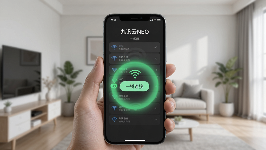 一张手机界面截图风格的图片,展示九讯云NEO的一键连接功能,画面中一只手拿着手机,屏幕上显示“一键连接”按钮和周围WiFi列表,连接成功的动画效果以绿色光圈呈现,背景是居家环境,风格现代简约,文字用中文标注“九讯云NEO一键连接”,画质清晰干净