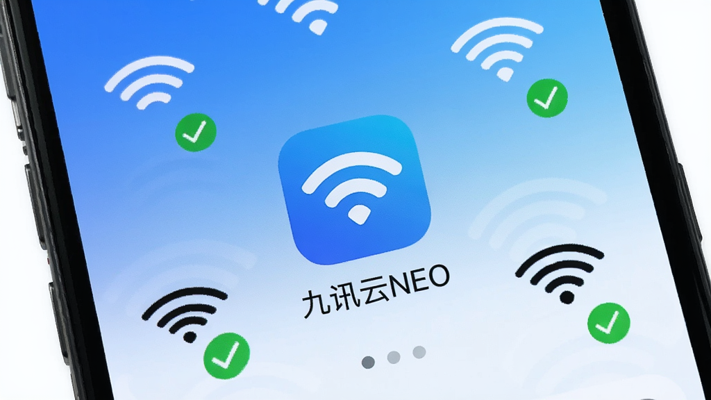 一张手机屏幕展示WiFi连接界面的图片,画面中央是九讯云NEO的应用图标和名称,周围环绕着多个WiFi信号图标和连接成功的绿色对勾,背景是简洁的蓝白渐变风格,布局清晰,文字用中文标注“九讯云NEO”,画质干净明亮,无多余元素