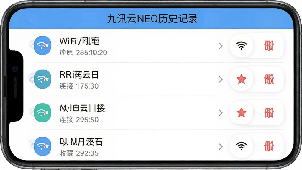 一张手机应用界面展示图,画面中九讯云NEO的历史记录页面,列表显示多个连接过的WiFi名称和连接时间,有收藏和删除按钮,布局整齐,风格扁平化设计,文字用中文标注“九讯云NEO历史记录”,画质干净清晰