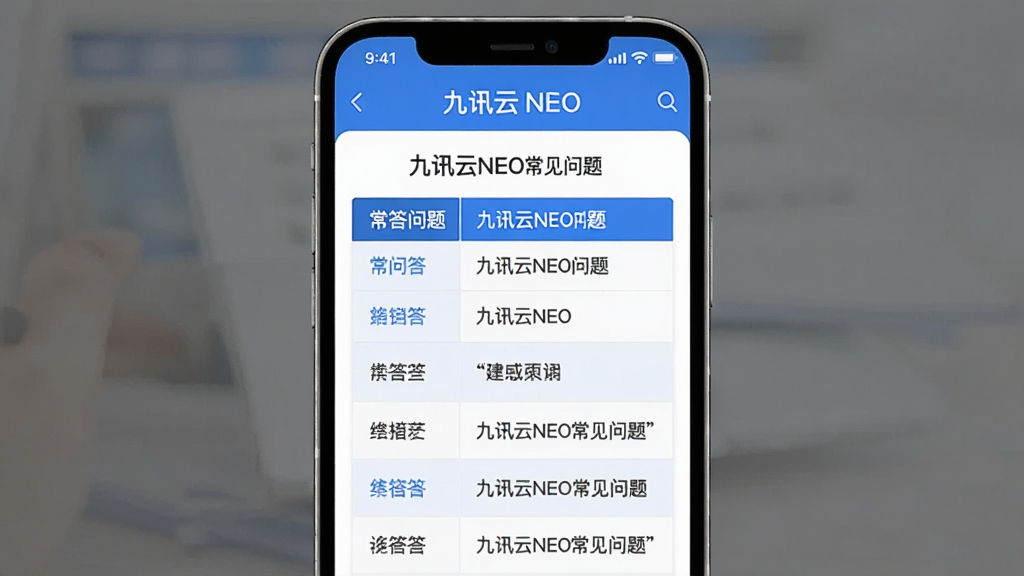 一张手机界面展示图,画面中九讯云NEO的问答专区页面,以表格形式排列常见问题和解答,界面干净整洁,配色以蓝白为主,文字用中文标注“九讯云NEO常见问题”,画质清晰无多余装饰